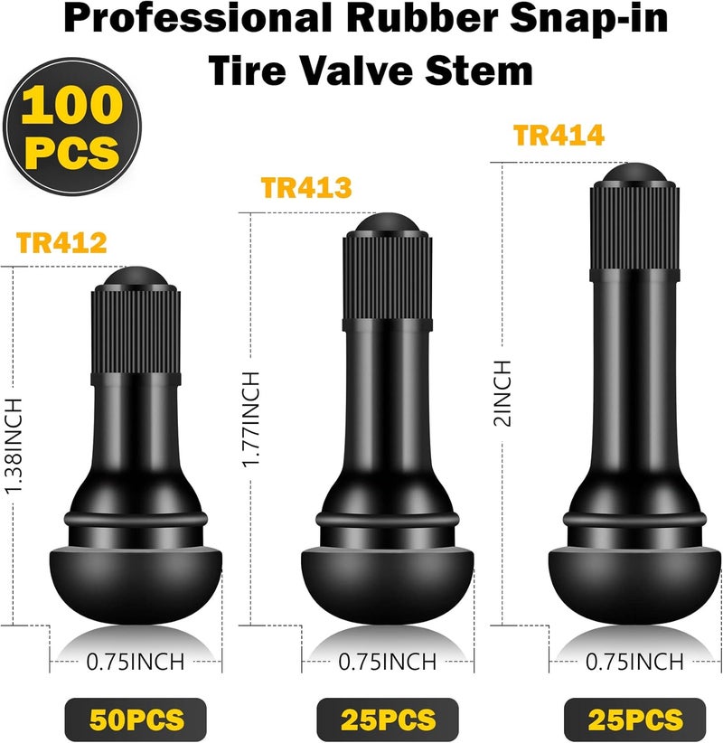 Tottist 100 Pieces TR412 TR413 TR414 Tire Valve Stems Rubber Black Rubber Snap-in Valves,Tubeless Valve Stems Suit for 0.453 inch Rim Holes on Standard Vehicle Tires - Image 2
